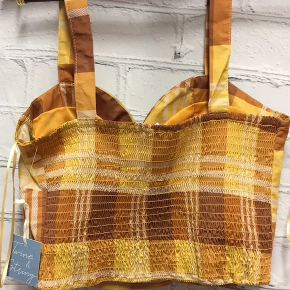 Plaid Vintage twine & string NY CORSET PLAID TOP padded  brown plaid size M - Picture 9 of 13
